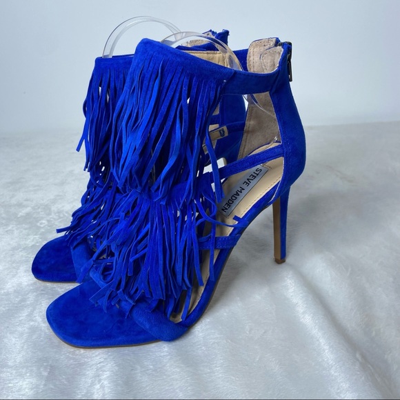 Steve Madden Womens FRINGLY Suede Strappy Fringe Heels Sandals 8M Blue - Picture 4 of 9